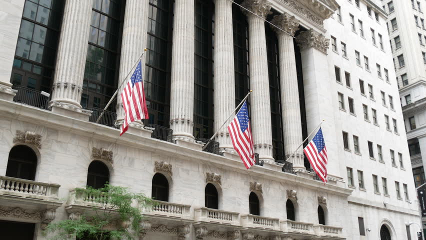 Facade of the Stock Exchange building on Wall Street in the financial district of New York City Royalty-Free Stock Footage #32068282