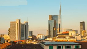time lapse of milan city at sunset zoom out