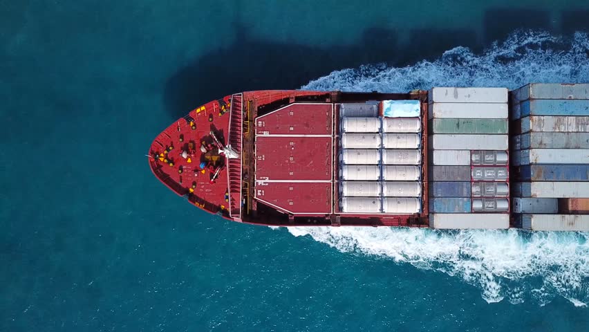 Large container ship at sea - Top down Aerial 