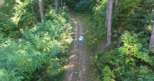 Man runing on the forest trail,Aerial view