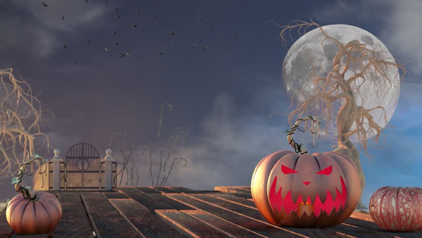 Halloween background. Spooky pumpkin with moon and dark forest