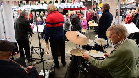 MACCLESFIELD, UK. OCTOBER 30, 2016.Jazz band playing live at the popular "Treacle Market", a traditional market selling food,drink,antiques and craft items.
