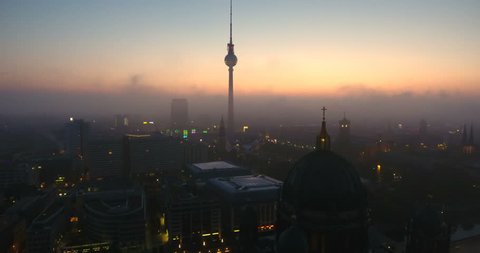 Berlin Skyline City Panorama with Berlin Cathedral, sunset and traffic - famous landmark in Berlin, Germany, Europe.