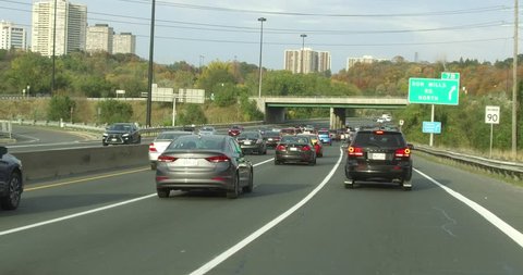 Toronto, Ontario, Canada October 2017 POV driving in Toronto highway traffic jam and gridlock