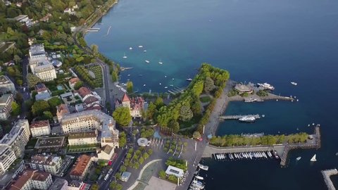 Aerial view of Lausanne Ouchy port and lake, Switzerland.  Lausanne is home to the International Olympic Committee headquarters, as well as the Olympic Museum and  Olympic Park. 