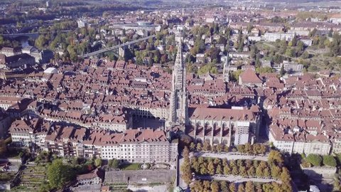 Aerial view of The Cathedral of Bern, Switzerland.  Bern is the capital of Switzerland. In 1983, the historic old town in the centre of Bern became a UNESCO World Heritage Site
