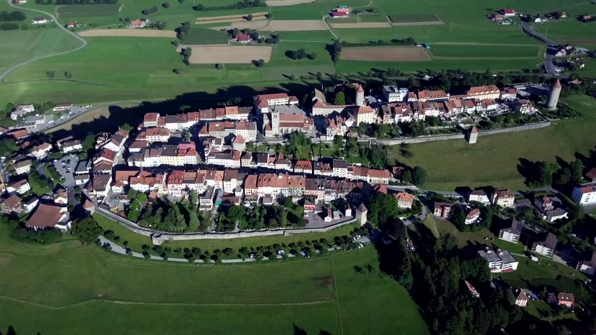 Aerial view of Romont Town, Switzerland. Romont is a municipality and capital of the district of Glane in the canton of Fribourg in Switzerland.