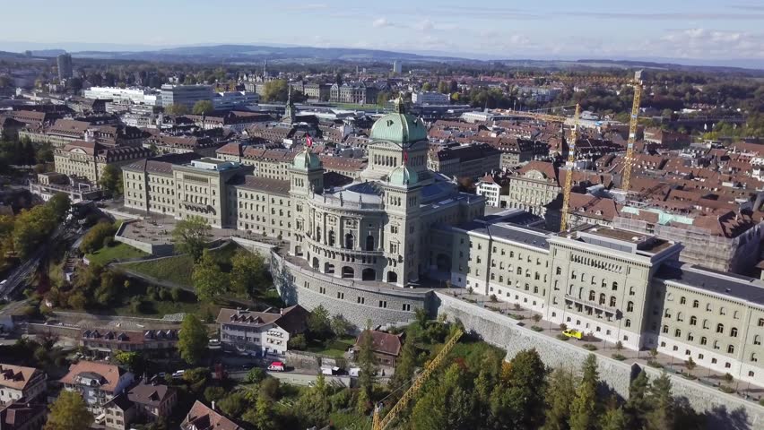 Aerial view of the Federal Palace of Switzerland, House of Parliament, Bern, Switzerland.  Bern is capital of Switzerland. In 1983, Bern became a UNESCO World Heritage Site