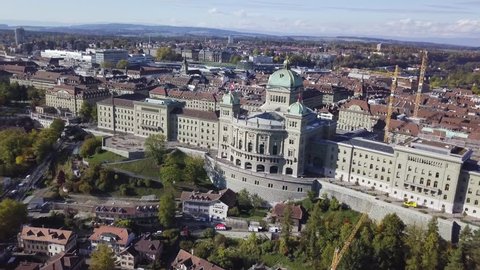 Aerial view of the Federal Palace of Switzerland, House of Parliament, Bern, Switzerland.  Bern is capital of Switzerland. In 1983, Bern became a UNESCO World Heritage Site