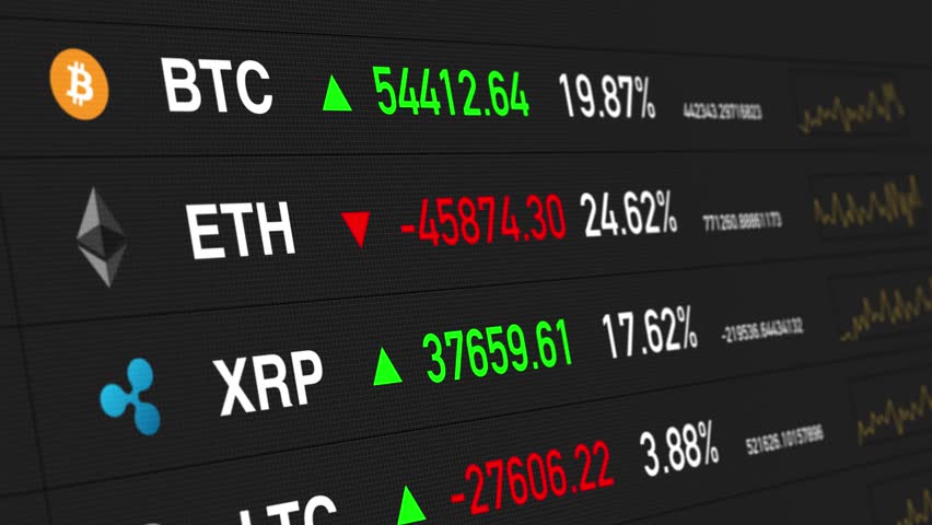 Bitcoin, Ether, Ripple prices. Cryptocurrencies digital money value going up and down FAST - BLACK BG | Shutterstock HD Video #32136376