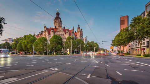 Timelapse shot of the Leipzig town hall with traffic. Timelapse view 4K.