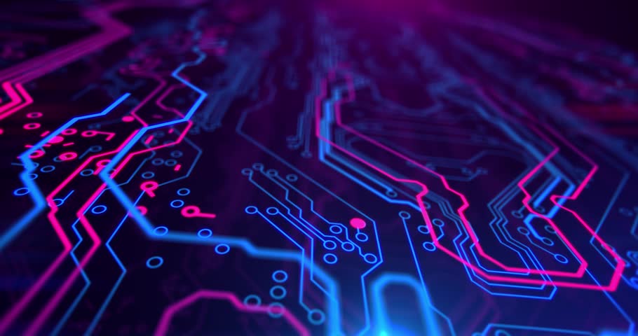 Purple, violet, blue neon background with digital integrated network technology. Printed circuit board. 3D video. Circuit board futuristic server code processing. PCB, Code, HTML.v Royalty-Free Stock Footage #32147374