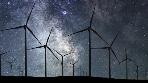 Wind farm, starry Night, Energy and nature Night Sky