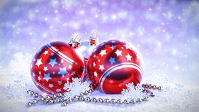red and silver christmas balls on snow with glitter bokeh background. Seamless loop. 3D render