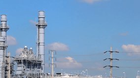 Gas turbine power plant with blue sky , under construction phase , video for energy and industrial concept , smooth panning video