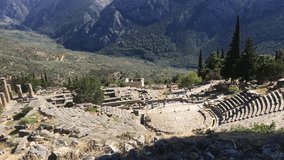 The view on amphitheater, in the archaeological site of Delphi, Greece. 4k video