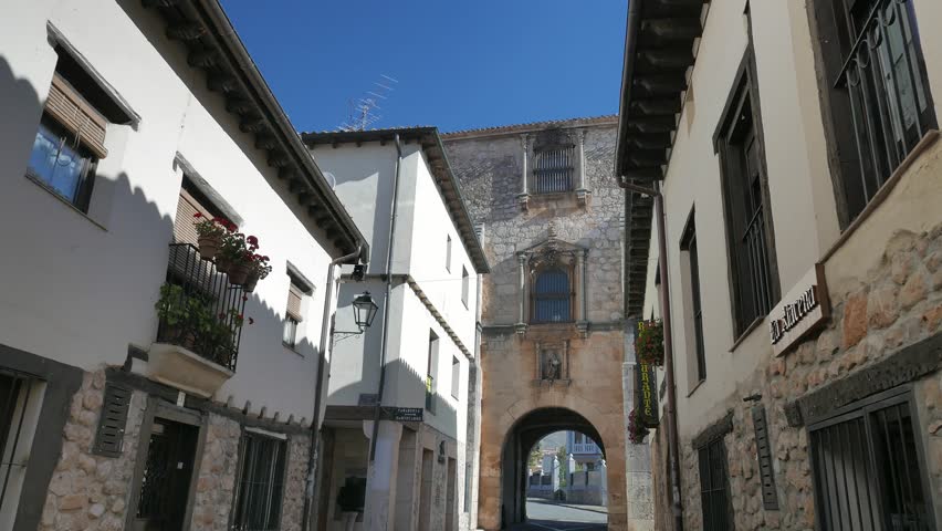 Old medieval street in the ancient medieval village of Covarrubias, Burgos, Spain.
