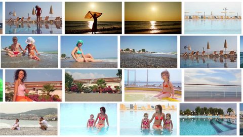 Collage with shoots of tropical summer landscapes and resting people (7 models)