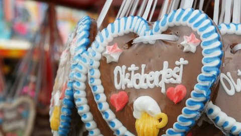 Beautifully decorated with colorful glaze gingerbread at the Oktoberfest, the world-famous beer festival in Bavaria, Munich, Germany