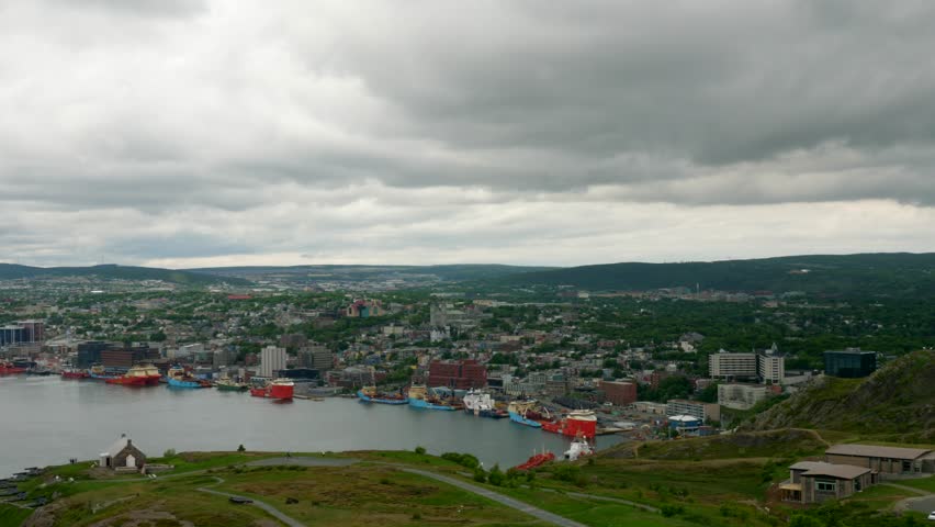 View of St Johns harbor and boats from Signal Hill in Newfoundland Canada
