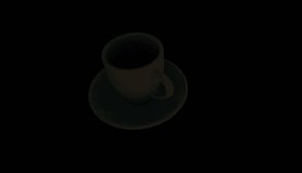 A coffee cup and saucer rest on fresh coffee beans. The sun rises and sets. Shadows of clouds pass rapidly. Time lapse video. Extremely realistic 3d rendering.
