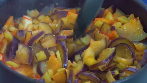 Vegetable ragout of tomato aubergine pepper and a variety of vegetables. Delicious colorful vegetable stir fry preparation for a healthy balanced diet. Closeup of mixing vegetable dish sabzi.