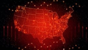 Technological red USA Map with random chaotic figures and graphs, connections and visual effects. Animation is presented in 4K resolution and perfect for any type of videos.