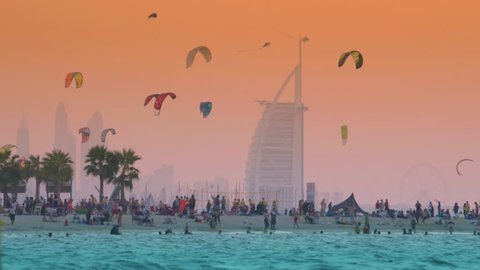 10/27/2017. Kite beach in Jumeirah, Dubai, United Arab Emirates. A stretch of the beach designated for the kite surfers. The iconic Burj Al Arab is seen on the background.