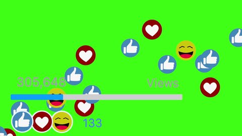 Social media icons smile thumbs and hearts animation counting up Isolated on green screen chroma key background 