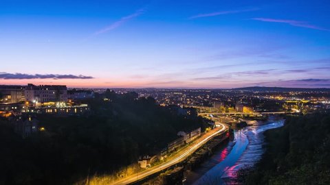 Colourful City Sunrise Time Lapse with Traffic Light Trails (Night to Day), Bristol & River Avon UK Dawn Aerial Landscape, from Clifton Suspension Bridge