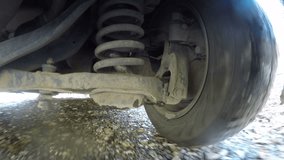 Car wheel spinning POV - Point of View, day country side in winter scene