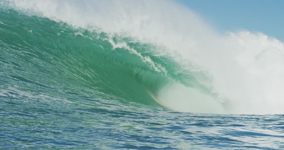 Giant Ocean Wave Breaking. Slow Motion 4K. Perfect empty beautiful wave in blue ocean
 | Shutterstock HD Video #32219833