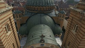Aerial video taken by a drone shows an orthodox cathedral 