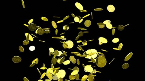 Gold coins exploding on a black background