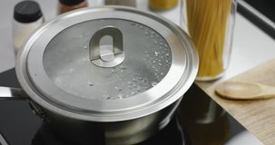 Rapidly boiling water in a stainless steel pot with steel and glass cover