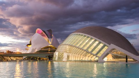 Valencia, Spain - October 19, 2017: Time lapse view of the City of Arts and Sciences, designed by Spanish architect Santiago Calatrava, at sunset in Valencia, Spain. 