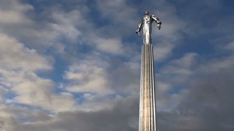 MOSCOW, RUSSIA- JULY 23, 2017: Monument to Yuri Gagarin (42.5-meter high pedestal and statue), the first person to travel in space. It is located at Leninsky Prospekt in Moscow, Russia. 