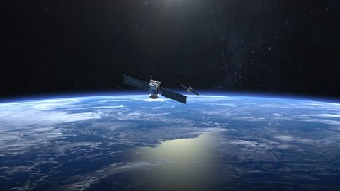 Two satellites scan and monitor the Earth. Satellites flying from camera far away quickly. The earth rotates slowly. 4K.