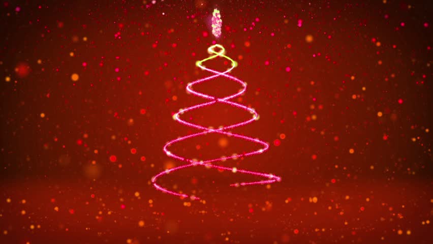 Winter theme for Christmas or New Year background with copy space. Close-Up of Xmas tree from particles in mid-frame. Red 3d Xmas tree V4 with glitter particles DOF rotating space