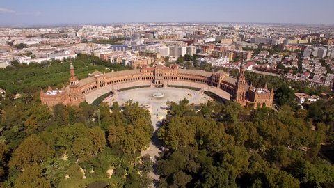 Seville, Spain, aerial view of Plaza de Espana (Spanish Square) and Sevilla cityscape. 
