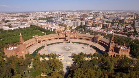 Seville, Spain, aerial view of Plaza de Espana (Spanish Square) and Sevilla cityscape. 