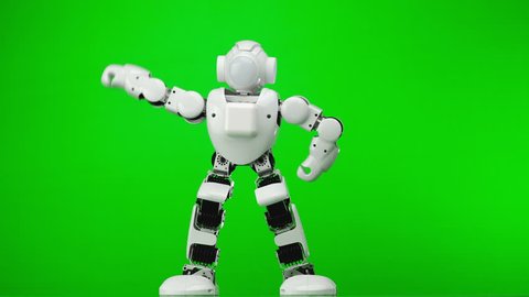 Dancing customized toy robot. Humanoid robot performs various movements. Green screen.