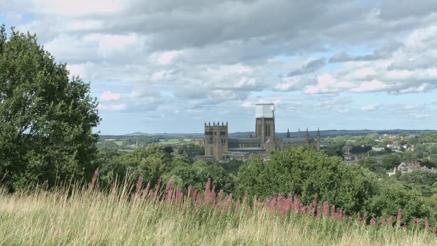 Durham Cathedral and city from Observation Hill, England. The UNESCO World Heritage Site building dates back to 1096 and is an example of Norman Architecture. Clip 06