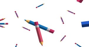 Cartoon Pencils seamless motion background. Color Pencils pattern Illustration on the White background looped video. Flat style 2D cartoon animation in 4K, Ultra HD format.