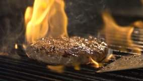 Aged Prime Rare Roast Grilling Tenderloin Fresh Juicy Beef High Filet with Lines Slow Motion Shot. Macro Concept of Person Cooked Unhealthy Satisfying Hamburgers Outdoors for Warm Friends Picnic Party - Powered by Shutterstock - Get 15% off with code: PIKWIZARD15