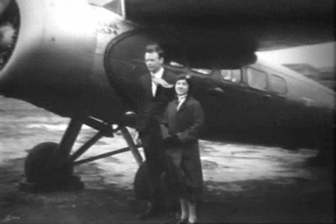 CIRCA 1930s - Aviator Charles Augustus Lindbergh and his wife Anne Morrow Lindbergh depart Newark, New Jersey in an aircraft, in 1933.