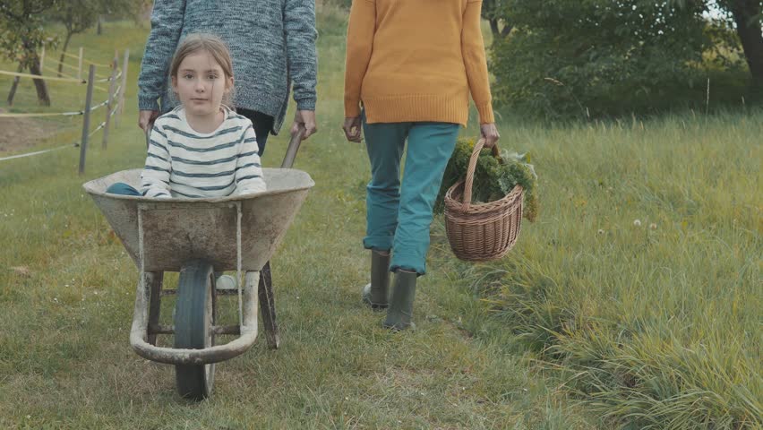 Senior couple with grandaughter gardening in the backyard garden