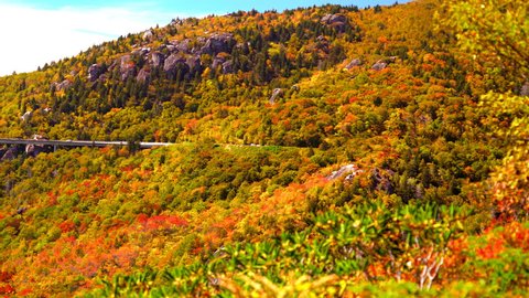 The Linn Cove Viaduct, a roadway built on a mountain side, an extension of the Blue Ridge Parkway near Grandfather Mountain in autumn
