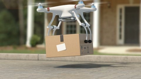 Quadcopter Picking Up a Package from the Ground. Taking off with a Parcel and Flying Away. Beautiful 3d Animation. Modern Delivery Concept. 4k Ultra HD 3840x2160.