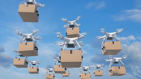 Many Drones Flying in the Clouds and Delivering Packages. Looped 3d Animation with Green Screen and Alpha Mask. Frames 92-195 are Loop-able. Modern Delivery Concept. 4k UHD 3840x2160.